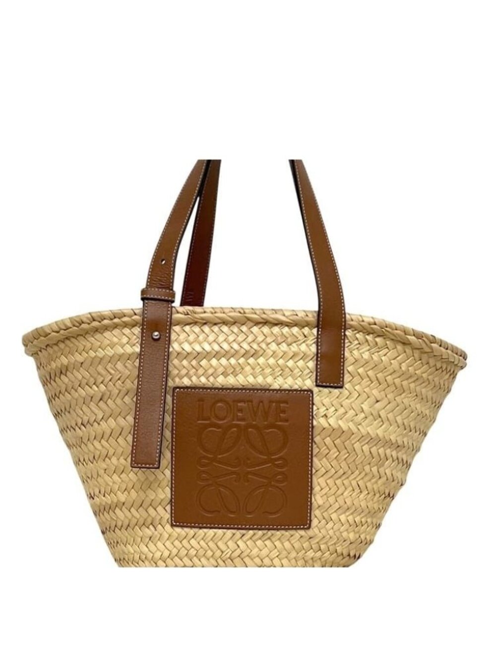 Loewe Basket Medium Tote Bag Anagram 327.02 Raffia Palm Leaf Calfskin Natural